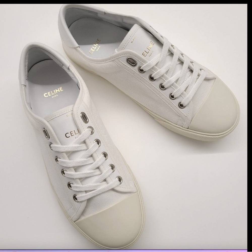 Celine Blank Low Lace Up Sneaker with Toe Cap in Canvas and Calfskin - Off White